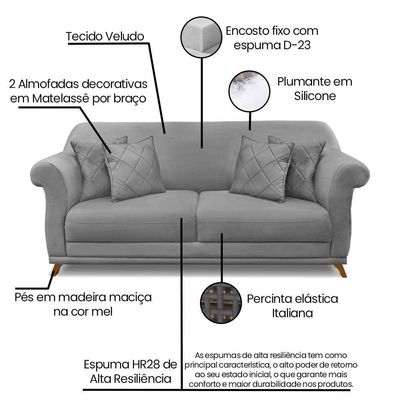 Sofá 2 Lugares 1,60m Veludo Pés Castanho Cinza Grafite