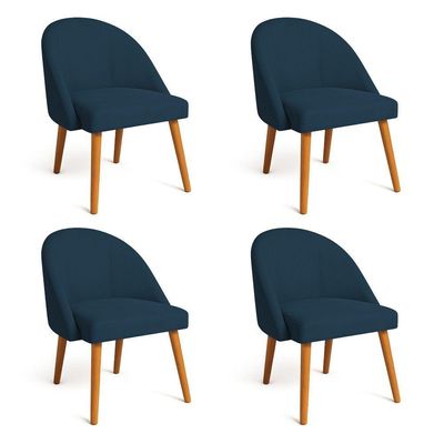 Kit 04 Cadeiras Poltrona De Jantar Luna Suede Azul Marinho Pés Palito Castanho - Pallazio