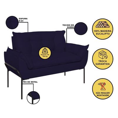 Poltrona Sofá Luxo Base Metal Preto Recepção Escritório Azul Marinho