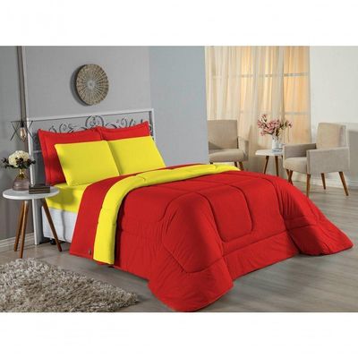 Kit Edredom Dupla Face + Jogo De Lençol Casal Nobre 6 Peças Malha 100% Algodão - Vermelho / Amarelo