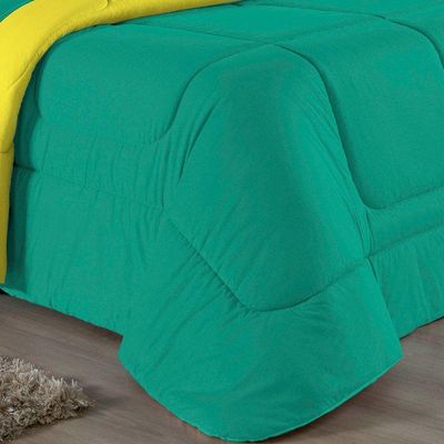 Kit Edredom Dupla Face + Jogo De Lençol Solteiro Nobre 5 Peças Malha 100% Algodão - Jade / Amarelo