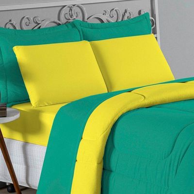Kit Edredom Dupla Face + Jogo De Lençol Solteiro Nobre 5 Peças Malha 100% Algodão - Jade / Amarelo