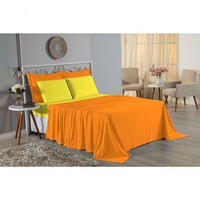 Jogo De Cama Solteiro Nobre 3 Peças Lençol Com Elástico De 30cm De Altura Malha 100% Algodão - Laranja / Amarelo