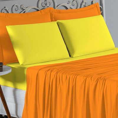 Jogo De Cama Solteiro Nobre 3 Peças Lençol Com Elástico De 30cm De Altura Malha 100% Algodão - Laranja / Amarelo