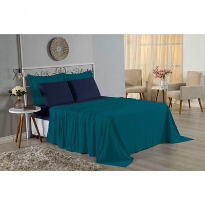 Jogo De Cama Solteiro Nobre 3 Peças Lençol Com Elástico De 30cm De Altura Malha 100% Algodão - Petróleo / Azul-marinho