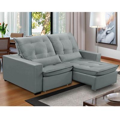 Sofa Retratil Reclinavel 2 Lugares 2,10m Atlantis Veludo Cinza Claro Lansofbr