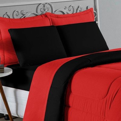Kit Edredom Dupla Face + Jogo De Lençol Casal Viúva Nobre 6 Peças Malha 100% Algodão - Vermelho / Preto