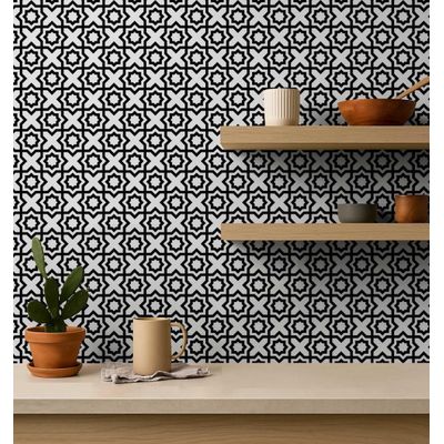 Papel de Parede Estrela Marroquina Moderna, Preto, Vinílico Autoadesivo, Fácil de Aplicar para Quarto, Armários e Ambientes - S4Sassy 63,5 cm (L) × 609,6 cm (C) / Preto - Vinil Liso