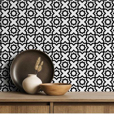 Papel de Parede Estrela Marroquina Moderna, Preto, Vinílico Autoadesivo, Fácil de Aplicar para Quarto, Armários e Ambientes - S4Sassy 63,5 cm (L) × 609,6 cm (C) / Preto - Vinil Liso