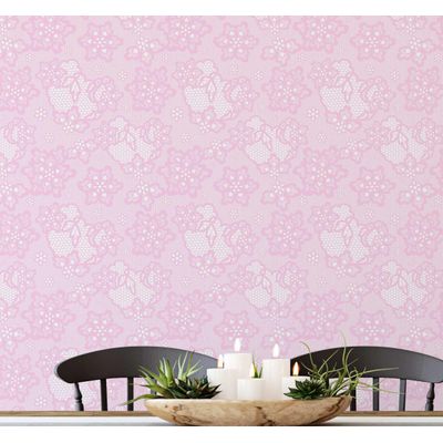 Papel de Parede Cottage Floral Coração de Renda Rosa, Vinil Autoadesivo, Fácil Aplicação DIY para Quarto Farmhouse, Sala, Armários - S4Sassy 63,5 cm (L) × 914,4 cm (C) / Rosa - Vinil Liso