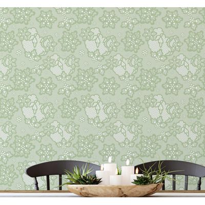 Papel de Parede Vinílico Autoadesivo Floral Coração em Renda Verde, Fácil DIY para Quarto Estilo Fazenda, Sala e Armários - S4Sassy 63,5 cm (L) × 152,4 cm (C) / Verde - Vinil Texturizado
