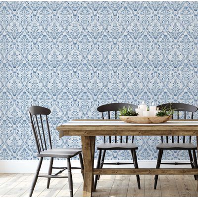 Papel de Parede Floral com Arco Azul Elegante, Autoadesivo em Vinil, Instalação Fácil DIY para Quarto Rústico, Sala, Armários - S4Sassy 63,5 cm (L) × 914,4 cm (C) / Azul - Vinil Liso