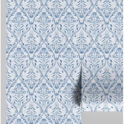 Papel de Parede Floral com Arco Azul Elegante, Autoadesivo em Vinil, Instalação Fácil DIY para Quarto Rústico, Sala, Armários - S4Sassy 63,5 cm (L) × 914,4 cm (C) / Azul - Vinil Liso