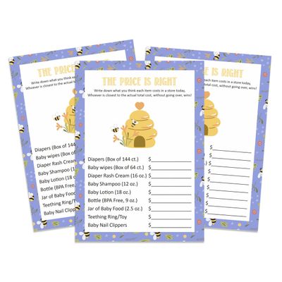 Jogo The Price Is Right para Chá de Bebê - Menina/Menino, Atividades e Decorações Tema Abelha - Pacote com 50 - Inkdotpot 12,7 Cm × 17,78 Cm / Branco