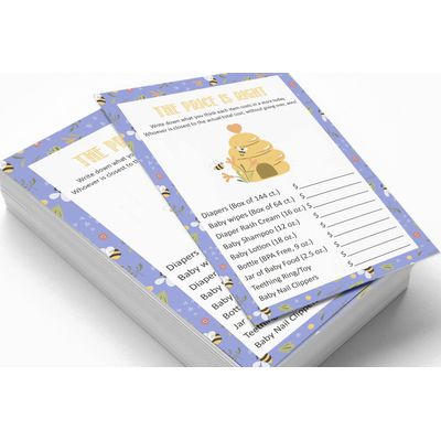 Jogo The Price Is Right para Chá de Bebê - Menina/Menino, Atividades e Decorações Tema Abelha - Pacote com 50 - Inkdotpot 12,7 Cm × 17,78 Cm / Branco