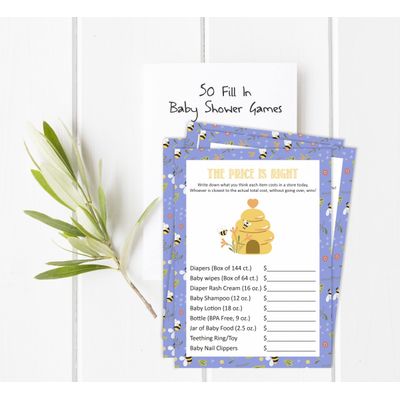 Jogo The Price Is Right para Chá de Bebê - Menina/Menino, Atividades e Decorações Tema Abelha - Pacote com 50 - Inkdotpot 12,7 Cm × 17,78 Cm / Branco
