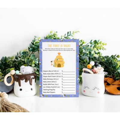 Jogo The Price Is Right para Chá de Bebê - Menina/Menino, Atividades e Decorações Tema Abelha - Pacote com 50 - Inkdotpot 12,7 Cm × 17,78 Cm / Branco