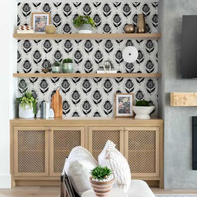 Papel de Parede Étnico Paisley Folha Estilo Asiático Vinílico Autoadesivo, Fácil DIY Para Quarto e Sala, Cinza - S4Sassy 63,5 cm (L) × 304,8 cm (C) / Cinza - Vinil Liso