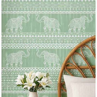 Papel de Parede Tribal Elefante Estilo Asiático, Vinil Autoadesivo para Paredes, Revestimento Decorativo, DIY Fácil, Verde - S4Sassy 63,5 cm (L) × 304,8 cm (C) / Verde - Vinil Liso