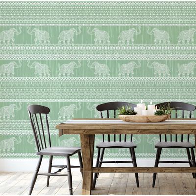 Papel de Parede Tribal Elefante Estilo Asiático, Vinil Autoadesivo para Paredes, Revestimento Decorativo, DIY Fácil, Verde - S4Sassy 63,5 cm (L) × 304,8 cm (C) / Verde - Vinil Liso