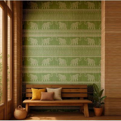 Papel de Parede Tribal Elefante Estilo Asiático, Vinil Autoadesivo para Paredes, Revestimento Decorativo, DIY Fácil, Verde - S4Sassy 63,5 cm (L) × 304,8 cm (C) / Verde - Vinil Liso