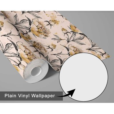 Papel de Parede Vinílico Autoadesivo Removível, Estampa Esboço de Peônia Chic Bege para Banheiro e Lavanderia - S4Sassy 63,5 cm (L) × 914,4 cm (C) / Bege - Vinil Liso