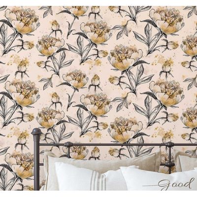 Papel de Parede Vinílico Autoadesivo Removível, Estampa Esboço de Peônia Chic Bege para Banheiro e Lavanderia - S4Sassy 63,5 cm (L) × 914,4 cm (C) / Bege - Vinil Liso