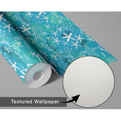 Papel de Parede Autoadesivo para Quarto Infantil/Bebê/Sala de Brincar, Estrelas do Mar e Peixes, Vinil Impermeável Azul, Removível - S4Sassy 63,5 cm (L) × 304,8 cm (C) / Azul - Vinil Texturizado