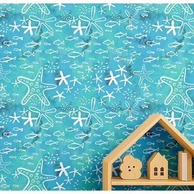 Papel de Parede Autoadesivo para Quarto Infantil/Bebê/Sala de Brincar, Estrelas do Mar e Peixes, Vinil Impermeável Azul, Removível - S4Sassy 63,5 cm (L) × 304,8 cm (C) / Azul - Vinil Texturizado