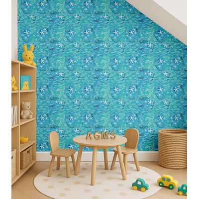 Papel de Parede Autoadesivo para Quarto Infantil/Bebê/Sala de Brincar, Estrelas do Mar e Peixes, Vinil Impermeável Azul, Removível - S4Sassy 63,5 cm (L) × 304,8 cm (C) / Azul - Vinil Texturizado