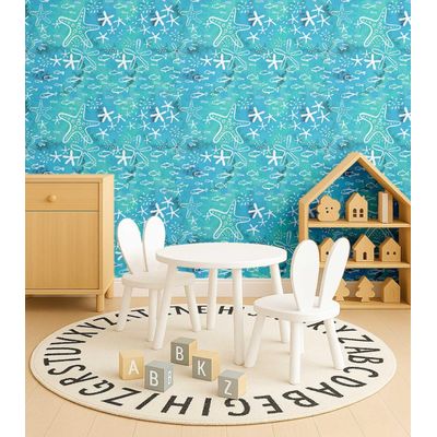 Papel de Parede Autoadesivo para Quarto Infantil/Bebê/Sala de Brincar, Estrelas do Mar e Peixes, Vinil Impermeável Azul, Removível - S4Sassy 63,5 cm (L) × 304,8 cm (C) / Azul - Vinil Texturizado