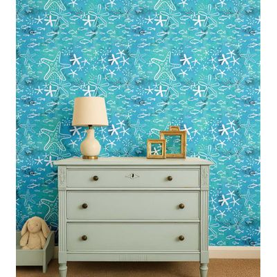 Papel de Parede Autoadesivo para Quarto Infantil/Bebê/Sala de Brincar, Estrelas do Mar e Peixes, Vinil Impermeável Azul, Removível - S4Sassy 63,5 cm (L) × 304,8 cm (C) / Azul - Vinil Texturizado