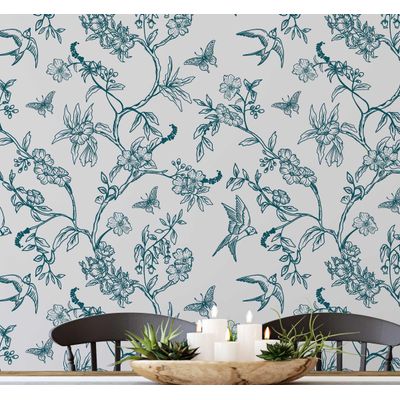 Papel de Parede Autoadesivo Botânico com Pássaros e Flores, Vinílico Verde Removível para Parede de Entrada, Decoração Fácil - S4sassy 63,5 cm (L) × 152,4 cm (C) / Verde - Vinil Texturizado
