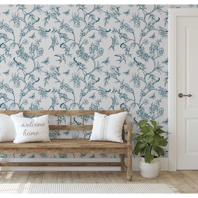 Papel de Parede Autoadesivo Botânico com Pássaros e Flores, Vinílico Verde Removível para Parede de Entrada, Decoração Fácil - S4sassy 63,5 cm (L) × 152,4 cm (C) / Verde - Vinil Texturizado