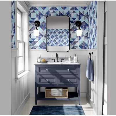 Revestimento Autoadesivo para Paredes em Vinil, Estampa Floral Geométrica Estilo Asiático para Banheiro, Lavanderia e Closet, Azul - S4Sassy 63,5 cm (L) × 914,4 cm (C) / Azul - Vinil Texturizado