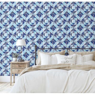 Revestimento Autoadesivo para Paredes em Vinil, Estampa Floral Geométrica Estilo Asiático para Banheiro, Lavanderia e Closet, Azul - S4Sassy 63,5 cm (L) × 914,4 cm (C) / Azul - Vinil Texturizado