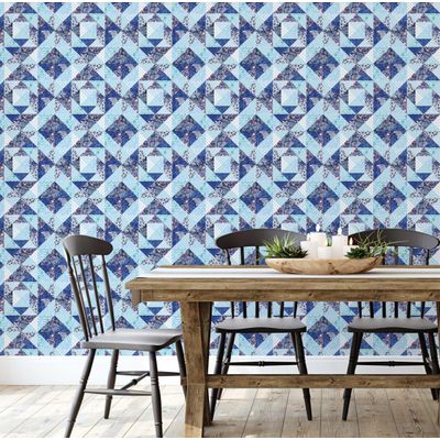 Revestimento Autoadesivo para Paredes em Vinil, Estampa Floral Geométrica Estilo Asiático para Banheiro, Lavanderia e Closet, Azul - S4Sassy 63,5 cm (L) × 914,4 cm (C) / Azul - Vinil Texturizado