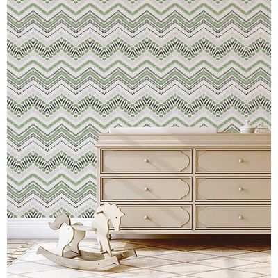 Adesivo de Parede Removível em Vinil Zigue-Zague Tribal, Mural Moderno Verde para Quarto, Banheiro, Lavanderia e Closet - S4Sassy 63,5 cm (L) × 609,6 cm (C) / Verde - Vinil Liso