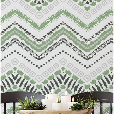 Adesivo de Parede Removível em Vinil Zigue-Zague Tribal, Mural Moderno Verde para Quarto, Banheiro, Lavanderia e Closet - S4Sassy 63,5 cm (L) × 609,6 cm (C) / Verde - Vinil Liso