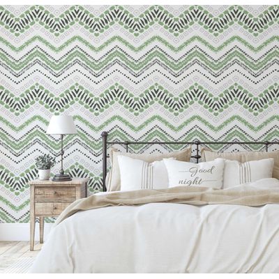 Adesivo de Parede Removível em Vinil Zigue-Zague Tribal, Mural Moderno Verde para Quarto, Banheiro, Lavanderia e Closet - S4Sassy 63,5 cm (L) × 609,6 cm (C) / Verde - Vinil Liso