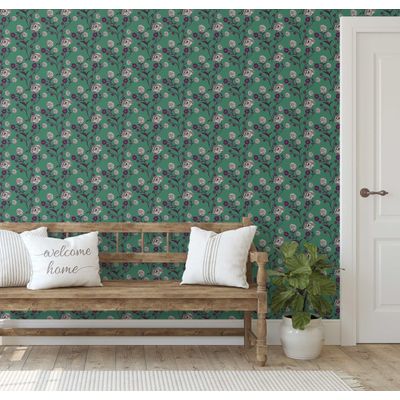 Papel de Parede Autoadesivo Removível Vintage Rosas Floridas Verde, Mural Instantâneo para Quarto, Banheiro, Lavanderia e Closet - S4Sassy 63,5 cm (L) × 914,4 cm (C) / Verde - Vinil Liso
