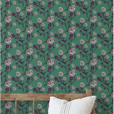 Papel de Parede Autoadesivo Removível Vintage Rosas Floridas Verde, Mural Instantâneo para Quarto, Banheiro, Lavanderia e Closet - S4Sassy 63,5 cm (L) × 914,4 cm (C) / Verde - Vinil Liso