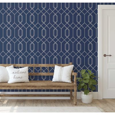 Papel de Parede Autoadesivo Geométrico com Estampa de Hexágonos em Linhas Azuis, Vinil Removível Descascável para Entrada - S4sassy 63,5 cm (L) × 304,8 cm (C) / Azul - Vinil Liso