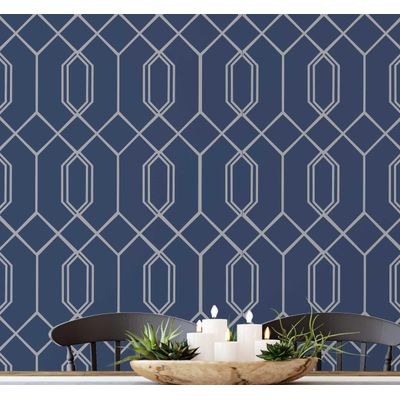 Papel de Parede Autoadesivo Geométrico com Estampa de Hexágonos em Linhas Azuis, Vinil Removível Descascável para Entrada - S4sassy 63,5 cm (L) × 304,8 cm (C) / Azul - Vinil Liso