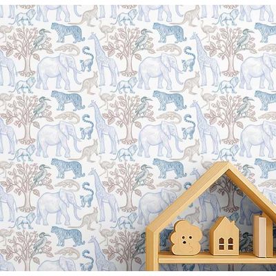 Papel de Parede Autoadesivo Vinílico Animais do Safári Azul, Fácil Aplicação para Quarto Infantil e Sala de Brincar - S4Sassy 63,5 cm (L) × 152,4 cm (C) / Azul - Vinil Texturizado