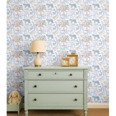 Papel de Parede Autoadesivo Vinílico Animais do Safári Azul, Fácil Aplicação para Quarto Infantil e Sala de Brincar - S4Sassy 63,5 cm (L) × 152,4 cm (C) / Azul - Vinil Texturizado