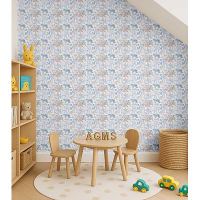 Papel de Parede Autoadesivo Vinílico Animais do Safári Azul, Fácil Aplicação para Quarto Infantil e Sala de Brincar - S4Sassy 63,5 cm (L) × 152,4 cm (C) / Azul - Vinil Texturizado