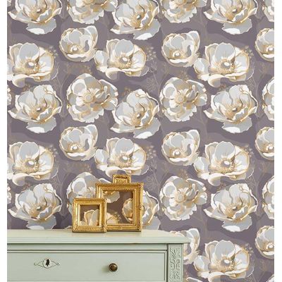 Papel de Parede Vinílico Autoadesivo Removível Estampa Floral Chic Bloom Cinza para Banheiro e Lavanderia - S4Sassy 63,5 cm (L) × 152,4 cm (C) / Cinza - Vinil Texturizado