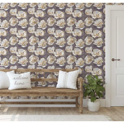 Papel de Parede Vinílico Autoadesivo Removível Estampa Floral Chic Bloom Cinza para Banheiro e Lavanderia - S4Sassy 63,5 cm (L) × 152,4 cm (C) / Cinza - Vinil Texturizado