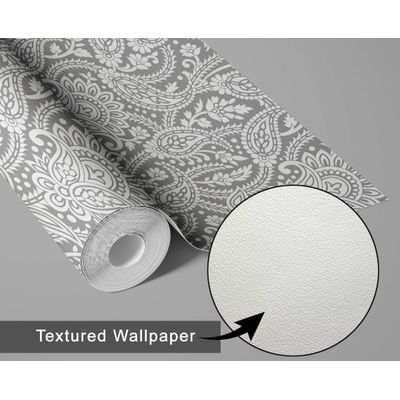 Estampa Floral Paisley - Papel de Parede Vinílico Autoadesivo Estilo Asiático, Decorativo, Fácil DIY para Quarto e Sala, Cinza - S4Sassy 63,5 cm (L) × 914,4 cm (C) / Cinza - Vinil Texturizado